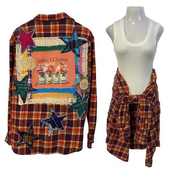 Upcycled Flannel Shirt Shacket Womens 1X Christian Grunge Patchwork Folk Art - Picture 1 of 16